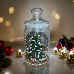 VTG Arcoroc France Holiday Glass Cookie Jar with Christmas Tree Design - Clear